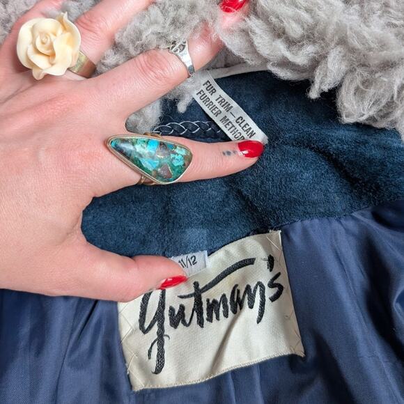 70s Vintage Blue Suede Penny Lane Fur Coat Leather Jacket Trench Boho Medium - Picture 9 of 11